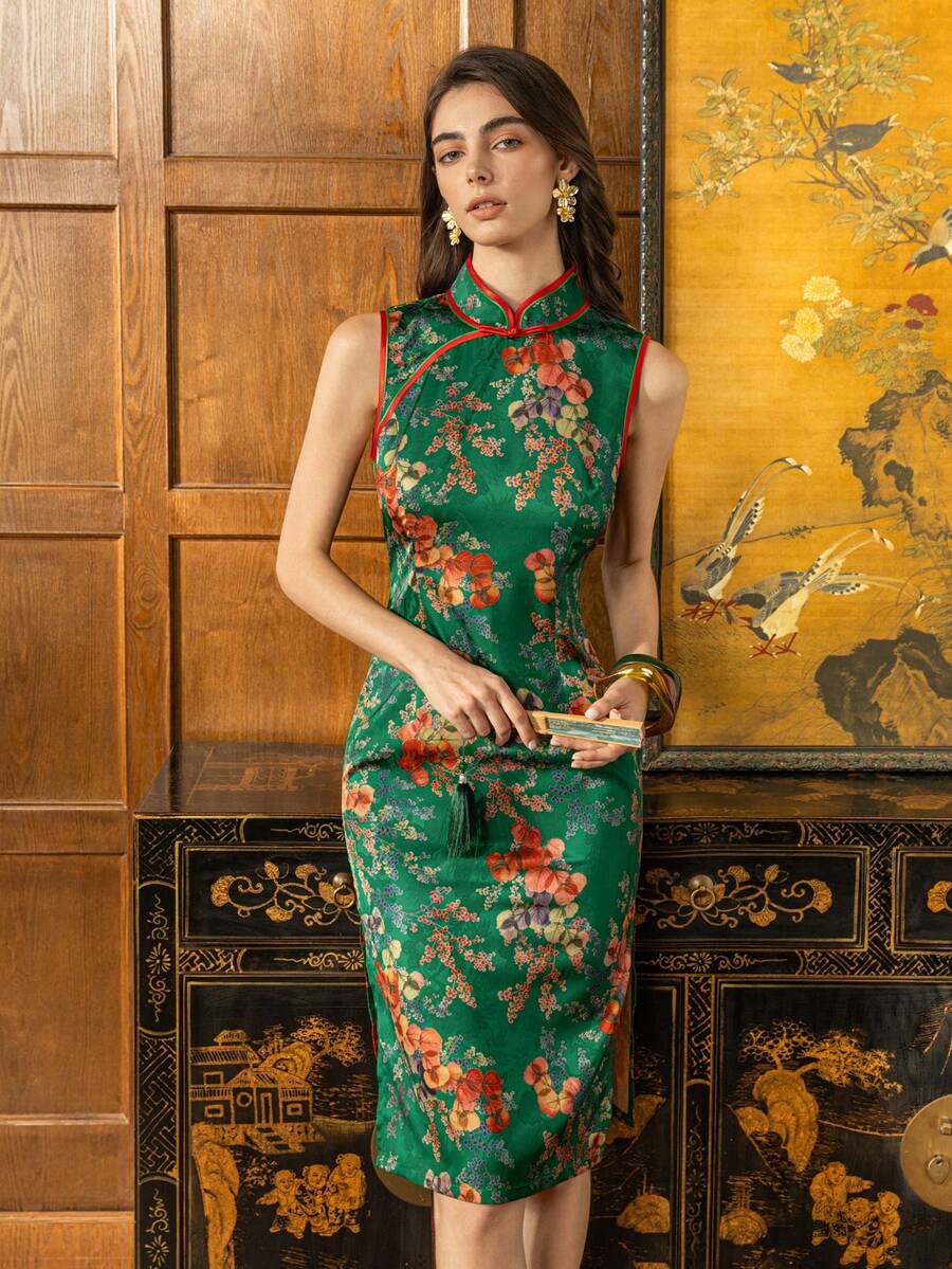 Elegant Women's New Chinese Style Cheongsam With Small Stand-Up Collar, Sleeveless Design, And Flattering Slit - Perfect For Formal Occasions Including Weddings, Gala Dinners, Corporate Events, High-End Parties, And Important CeremoniesSuitable For New Year And Valentine's Day Party Outfits - Dark Green - View 1