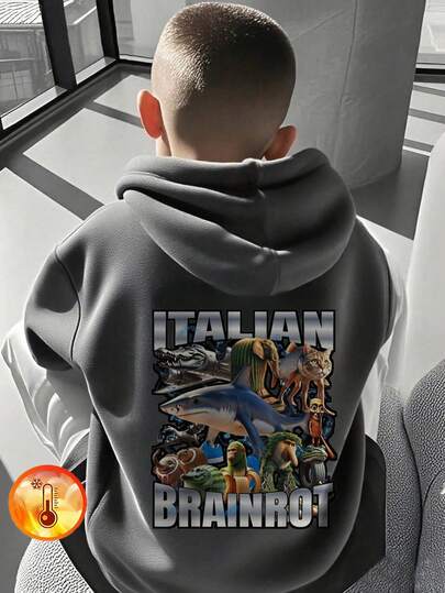 1件装青少年男童休闲彩色英文字母及神话生物印花套头卫衣，秋冬季，加厚保暖内衬，宽松版型，青少年学生服装