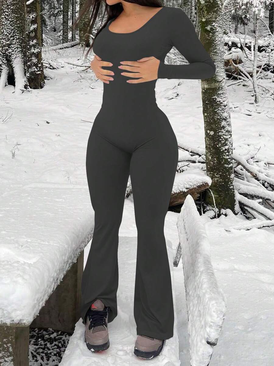 AiTyi 女士连体裤，休闲时尚性感宽松U领修身户外运动百搭款，适合毕业典礼、圣诞节、新年、感恩节、秋冬季等场合。弹力针织长袖喇叭裤连体裤，合身舒适。 - 深灰色 - 查看 1
