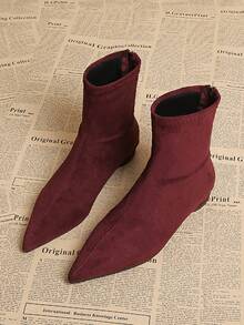 2024年初秋新款方头粗跟时尚高跟踝靴，女款，秋冬款，酒红色鞋跟 - 酒紅色 - 查看 4