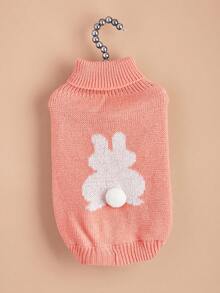 1pc Pet Sweater, Autumn/Winter Knitted Elastic Turn-Up Collar Design, Solid Color Cute Rabbit Pom Pom, For Small Dogs And Cats - Pink - View 3