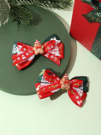 2pcs Women's Christmas Resin Gingerbread Man Santa Hat Lace Red Satin Bow Party Cute Hair Clips Decoration, Hair Claws, Hair Slide, Hair Barrettes
