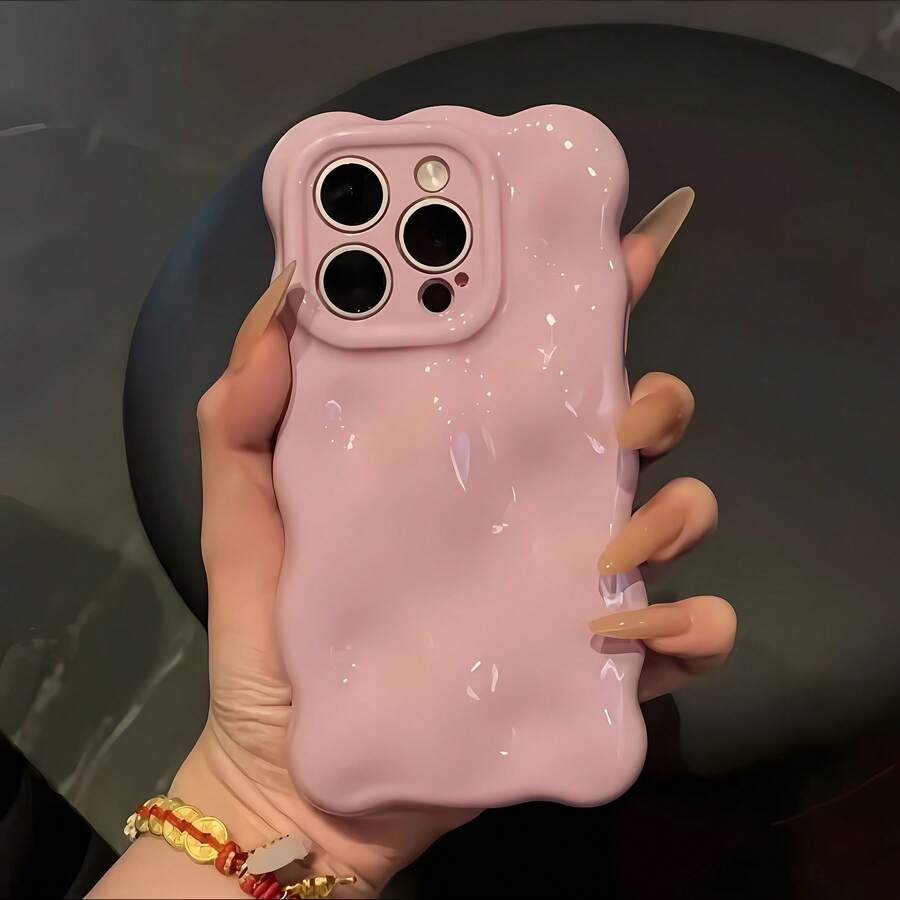 A 3D Personalized Water Wave Pattern Phone Case Suitable For IPhon16 15 14 Plus 16 15 14 13 Pro /Pro Max Glossy Bubble Case With A Wavy Edge Design, Featuring A Minimalist Style Unique Shape - 粉色 - 查看 1