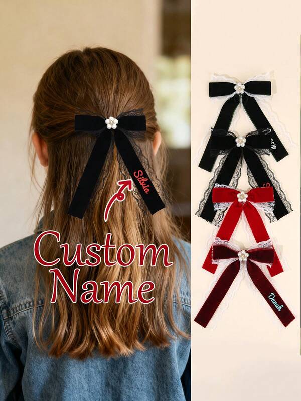 1pc Custom Name Plain Velvet Hair Bow For Girls Elegant Lace Customized Bow Alligator Clip Flower Shaped Pearl Hair Clips Elegant Custom Text Barrettes Courtly Style Personalized Hairpins Kids Hair Accessory