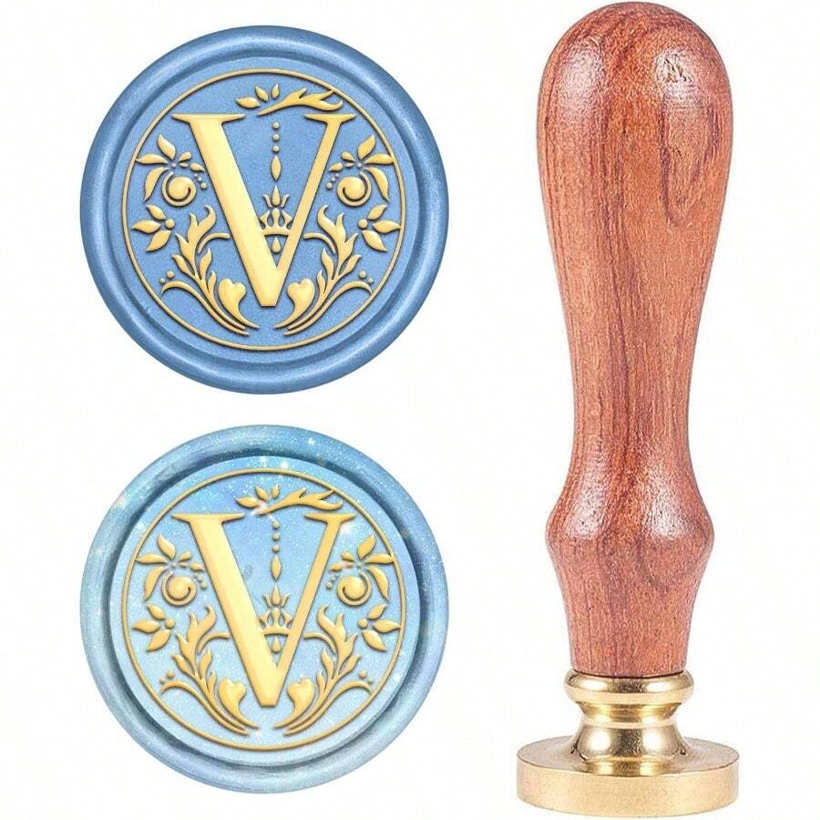 Initial S Wax Seal Stamp Alphabet Letter Vintage Sealing Stamp Olive Leaves Medieval Classic 25mm Removable Brass With Wooden Handle Wedding Invitations Cards Envelopes - 字母V - 查看 1