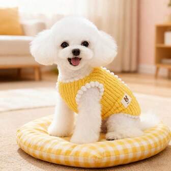 Chaleco térmico con cuello en V para mascotas | Diseño cálido, disponible en múltiples colores para poodle/bichón frisé/pomerania, con etiqueta de oso de peluche, tela elástica para movimiento sin restricciones, versátil para interiores/exteriores, esencial para el atuendo de mascotas en otoño/invierno