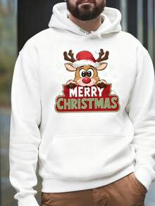 Sudadera de hombre con capucha con patrón de renos de navidad, casual 100% poliéster, manga larga, - Negro - Ver 2