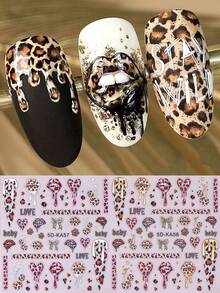 2pcs 5D Bronzing Leopard Lips Nail Sticker Embossed Gold Silver Leopard Heart Bow Knot Cherry Pink Brown Decals Relief Self Adhesive DIY Decoration Accessories Manicure Salon Supplies Nails - Multicolor - View 3