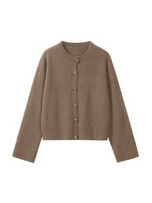 Áo khoác cardigan dệt kim mùa xuân/thu dành cho nữ, kiểu dáng thanh lịch tối giản, cổ tròn, cài cúc kim loại, thiết kế gân sọc, màu trơn, thích hợp mặc đi làm. - Lạc đà - Xem 6