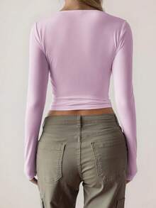 GLAMSKIN Women's Autumn Solid Color Sweet Square Neck Long Sleeve Knit Cropped Top, Sexy Slim Fit Basic T-Shirt, Back To School, Outing, Daily Streetwear - Light Pink - View 2