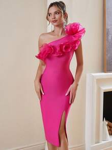 Women's Elegant One-Shoulder Bandage Dress With Luxurious Ruffle Trim And High Slit, Suitable For Parties, Dates And Cocktail Events - Hot Pink - View 4