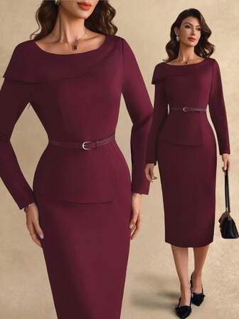 Vestido versátil para mujer con cuello oblicuo, abertura en la espalda, cremallera y cinturón, de unicolor y estilo elegante para uso diario