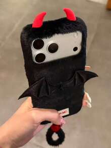 1pc Cute 3D Creative Furry Plus Angel Wings Demon Aura Phone Case Compatible With IPhone 17 Pro Max 16 15 14 13 Pro Max Winter Soft Silicone Back Cover Cartoon Gift - Black - View 2