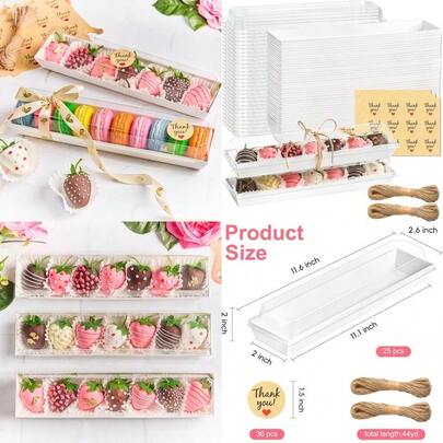 Kucoele 25 Pack Strawberry Boxes With Clear Lids Disposable Macaron Boxes To Go Dessert Containers For Packaging Chocolate Covered Strawberries Cookies Cocoa Bombs Truffles Gift