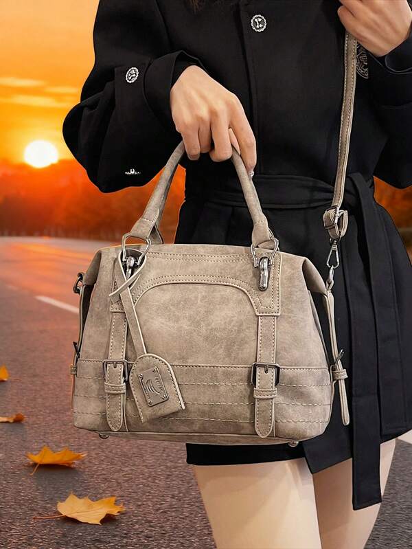 New Vintage Casual Women Handbag, Boston Bag, Office Commute Tote Bag, Shoulder Crossbody Bag With Detachable Strap