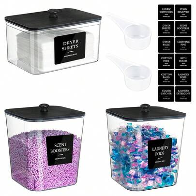3 Packs Clear Acrylic Laundry Pods Container, Laundry Room Organization Containers, Large Laundry Detergent Powder Storage Containers Black Lids & Labels, Laundry Pods Holder For Scent