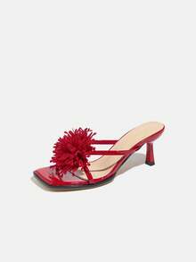 Women's Fashionable 3D Coral Tassel Floral Sexy Criss-Cross Strap Square Toe Kitten Heel Slip-On Sandals, Solid Color Glossy Texture Comfortable Material, Suitable For Spring/Summer Nightclub, Party, Travel, Shopping, Gathering, Wedding, Commuting, Elegant Luxury Style, Romantic Rose Red High Heels - Rose Red - View 4