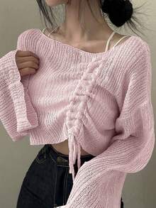 Soft & Comfortable Drawstring Knit Sweater, Women's Style - Pink - View 3