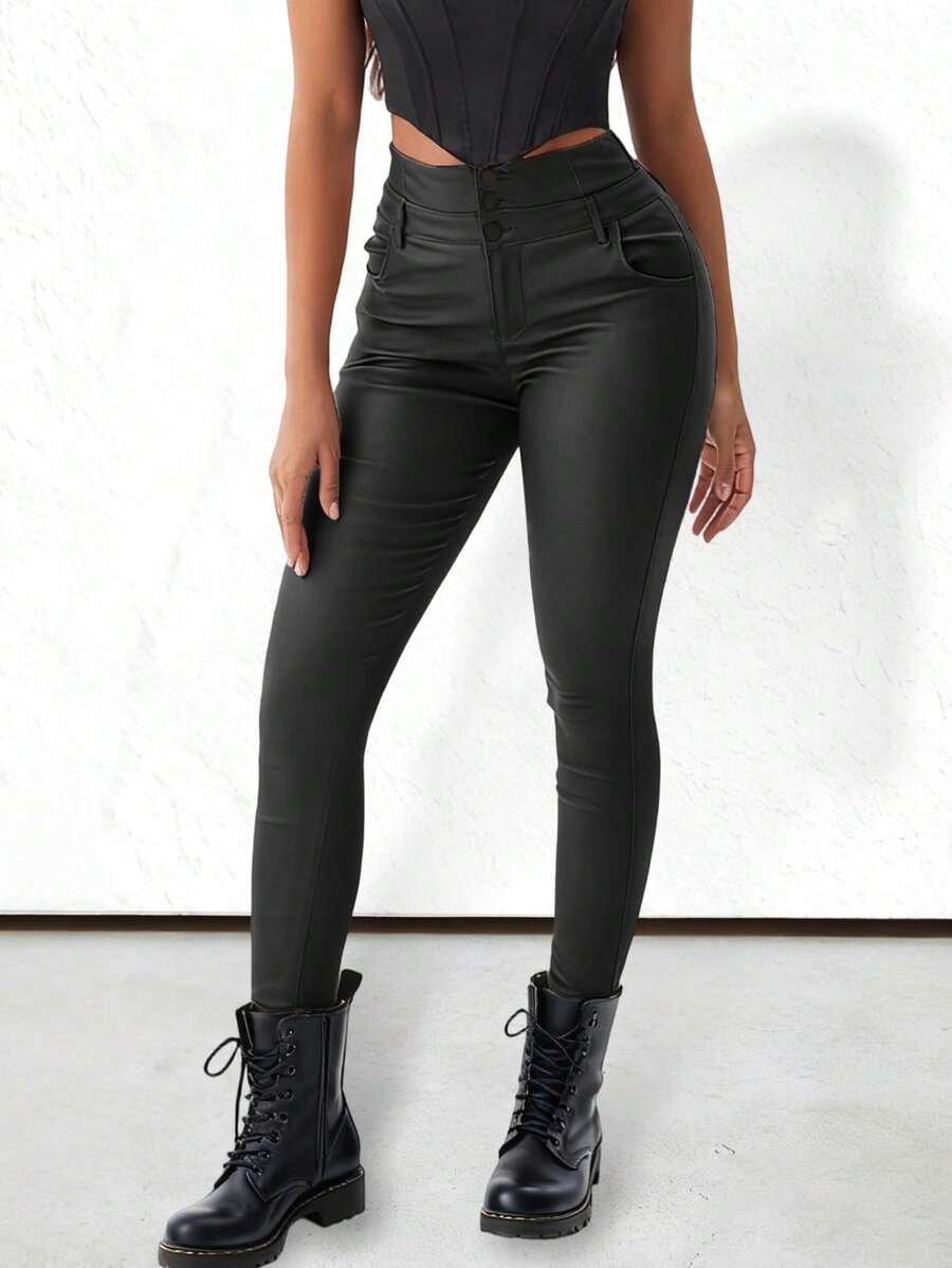 Apperloth A Pantalones casuales de cintura alta con elástico, botones y pierna entallada, de cuero sintético con efecto moldeador, estilo retro de los 90 - Negro - Ver 1