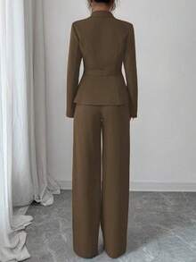 Women's Casual Elegant Solid Color Pocketless Green Collar Long-Sleeved Jacket Top And Simple Wide-Leg Pants Two-Piece Set - 棕色 - 查看 2