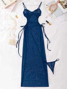 2pcs New Mesh Sheer Underwire Sexy Lingerie Set With Cutout Waist, Camisole And Shorts - Navy Blue - View 7