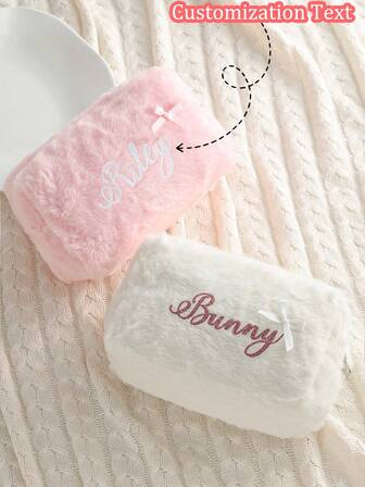 1pc Personalized Name Customized Autumn/Winter Plush Cute Bow Decor Foldable Lightweight Cosmetic Bag, Customized Name Party Style Toiletry Bag, Customized Name Travel Makeup Case, Zipper Closure Makeup Tool Storage Pouch, Suitable For Travel, School, Dorm, Home Or Daily Use, Cosmetic Bag - Perfect Gift For Mom And Wife
