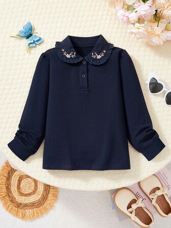 Söt långärmad t-shirt med broderad Peter Pan-krage för flickor, moderiktig, andningsbar, mjuk och spårbar bomull, marinblå topp, vårnyhet