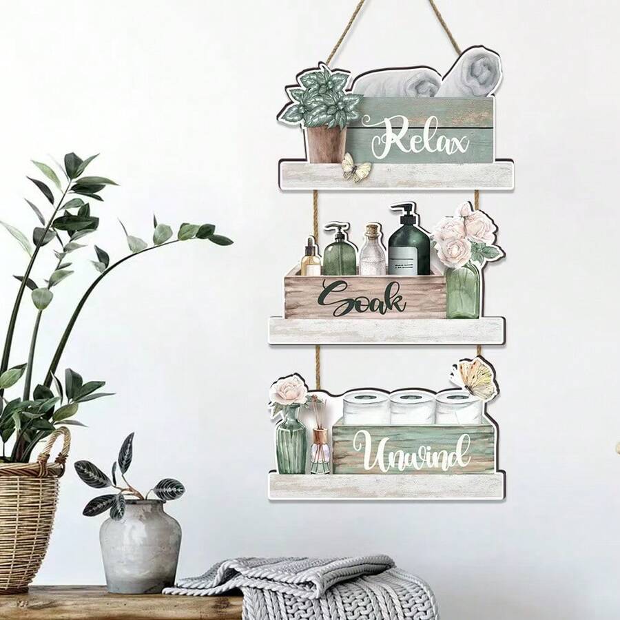 Zestaw 3 rustykalnych, drewnianych dekoracji ściennych do łazienki – postarzane wiszące znaki z motywami "Relaks, Moczenie, Odprężenie", nie wymagają prądu, uniwersalne elementy dekoracyjne do łazienki, łatwe w montażu i utrzymaniu - Wielokolorowe - Zobacz 1