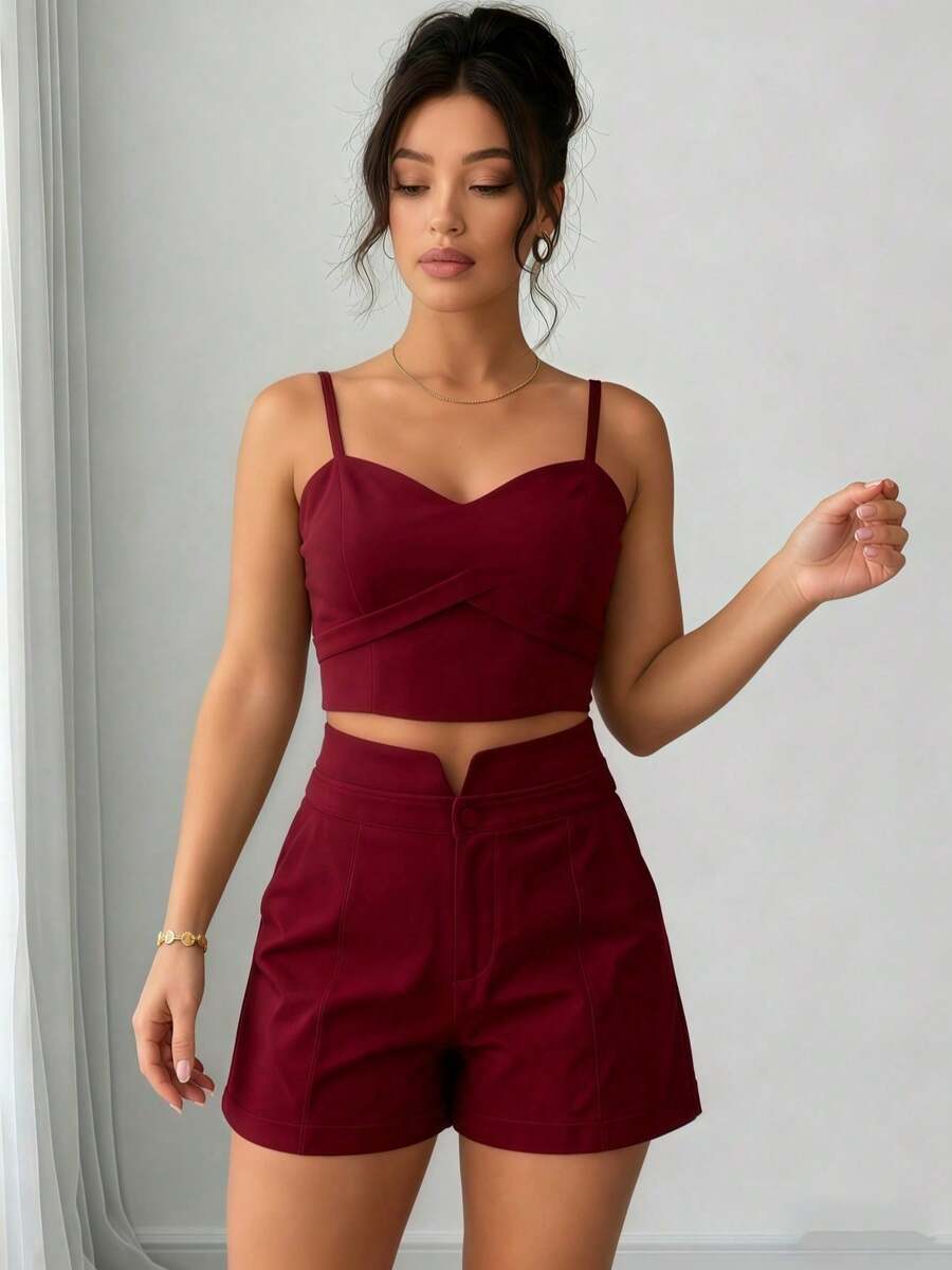 Women's Cropped Top And Tailored Shorts Set, Lina Moda, Sizes P, M, G - 酒紅色 - 查看 1
