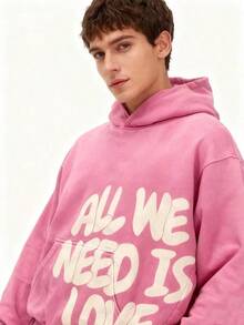Unisex Pink Retro Washed Hoodie "ALL WE NEED IS MONEY" Letter Print Y2K Loose Hip Hop Street Couple Hooded Sweater - Hồng - Xem 5