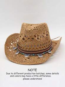 1pc Solid Color Bohemian Casual Hollow Out Decor UV Protection Woven Panama Hat, Western Cowboy Sun Hat, Versatile For All Seasons - Butterfly - View 9