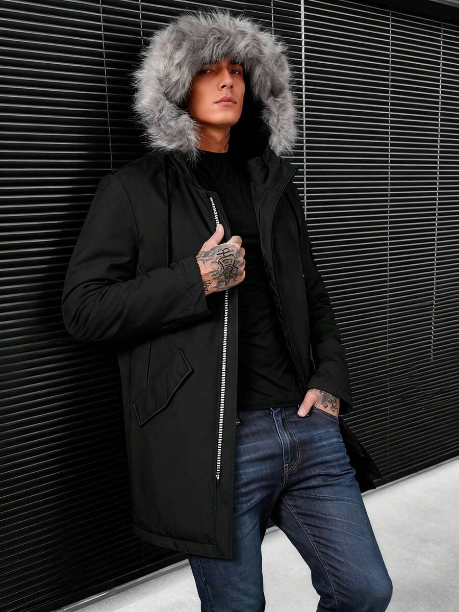 Men's Casual Loose Version Feather Padded Jacket, Chic Hooded Long Down Jacket, Autumn And Winter Warm Thick Parka - màu đen - Xem 1