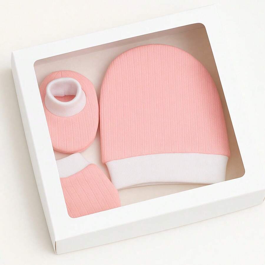 Kit Presente Touca Luva Sapatinho Canelado para bebê - Rosa Bebê - Visão 1