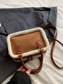 迷你复古女士手提包，时尚百搭，休闲单肩/斜挎包，采用麂皮和羊毛拼接设计，配有毛绒泰迪熊挂饰，适合日常通勤、购物、约会、外出以及作为礼物。（肩带颜色随机） - 棕色 - 查看 12