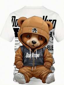 加大码 3D 卡通熊图案 T 恤，加大码男士休闲短袖 T 恤 - 白色 - 查看 2