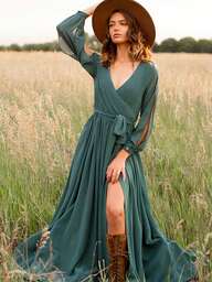Fashionable Casual Loose A-Line Open Slit Long Sleeve Long Dress For Women, Spring/Autumn