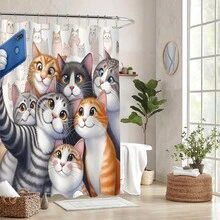 1件猫咪造型浴帘，可爱有趣，可用手机拍照，防水防霉，可机洗，涤纶材质，不透光，轻便透气。颜色可能因光线条件略有不同。包含12个挂钩 - 艺术浴室装饰。 - 彩色 - 查看 2