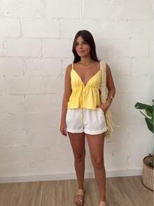 Women's Cropped Tank Top With Front Opening, Adjustable Tie, And Adjustable Straps - Spring 2025 Summer - Yellow - View 2