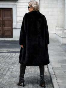 Winter Must - Have: Brown Faux Fur Long Coat With Lapel Collar - Black - View 4