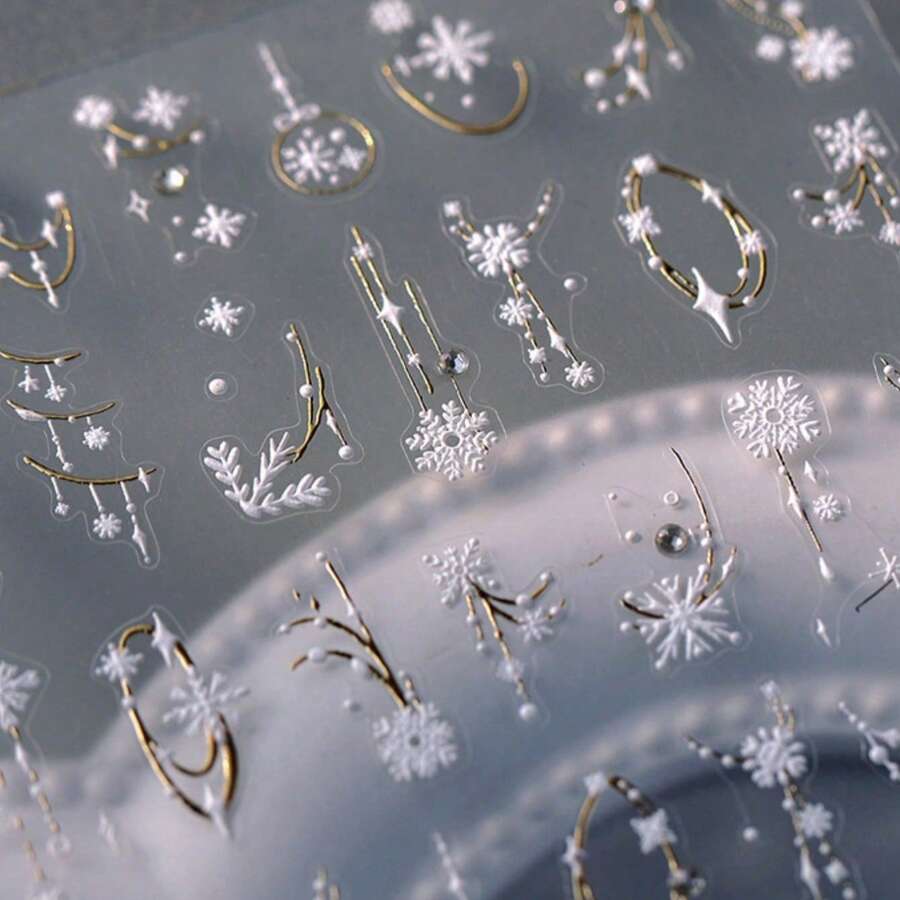 1pc Golden 3D Christmas Snowflake Nail Stickers - Self-Adhesive, Glittery Embossed Design For Nail Decoration, Perfect For Holiday Celebrations, Festive Nail Art|Cartoon Snowflake Design|Selfadhesive Stickers, Christmas Nail Stickers, Nail Sticker - 彩色 - 查看 1