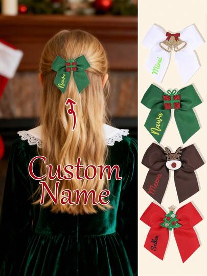 1pc Custom Name Christmas Hair Bow For Girls White/Red/Brown/Green Plain Personalized Bow Alligator Clip Glitter Bell/Present/Christmas Tree/Reindeer Decor Hair Clip Delicate Customized Barrettes Cute Sweet Holiday Custom Text Hairpin Kids Hair Accessory
