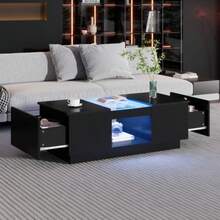 Black Coffee Table 100x50x35.5 Cm – With Glass Top, LED Lighting, App Control, 2 Drawers And 1 Open Compartment - Black - View 2