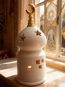 This Elegant And Unique White Ramadan Candle Holder, Adorned With A Gold Crescent Moon And Star Cutout Design, Is An Ideal Home Decor Piece For The Living Room, Bedroom Or Coffee Table, And Also Makes A Great Eid Gift. - Multicolor - View 4