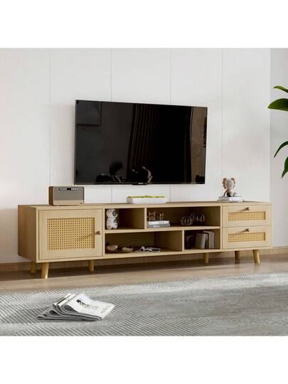 High End 160cm Rattan TV St In Wood Finish 70 Inch TVs Cable Management, Drawers, Door, Unit, Base Living Room Furniture, Low view 6