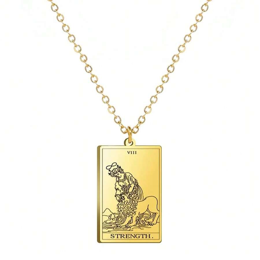 TEAMER Stainless Steel Tarot Cards Necklace Vintage Tarot Jewelry Good Luck Amulet Pendants For Women{Inchcolor_nameinch:InchGold-STRENGTHinch} - 黃金強度 - 查看 1