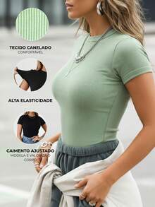 Women's Short-Sleeve Baby Tee T-Shirt, Fitted, Ribbed, Basic, For Everyday Wear, Work, Travel - 薄荷綠 - 查看 3