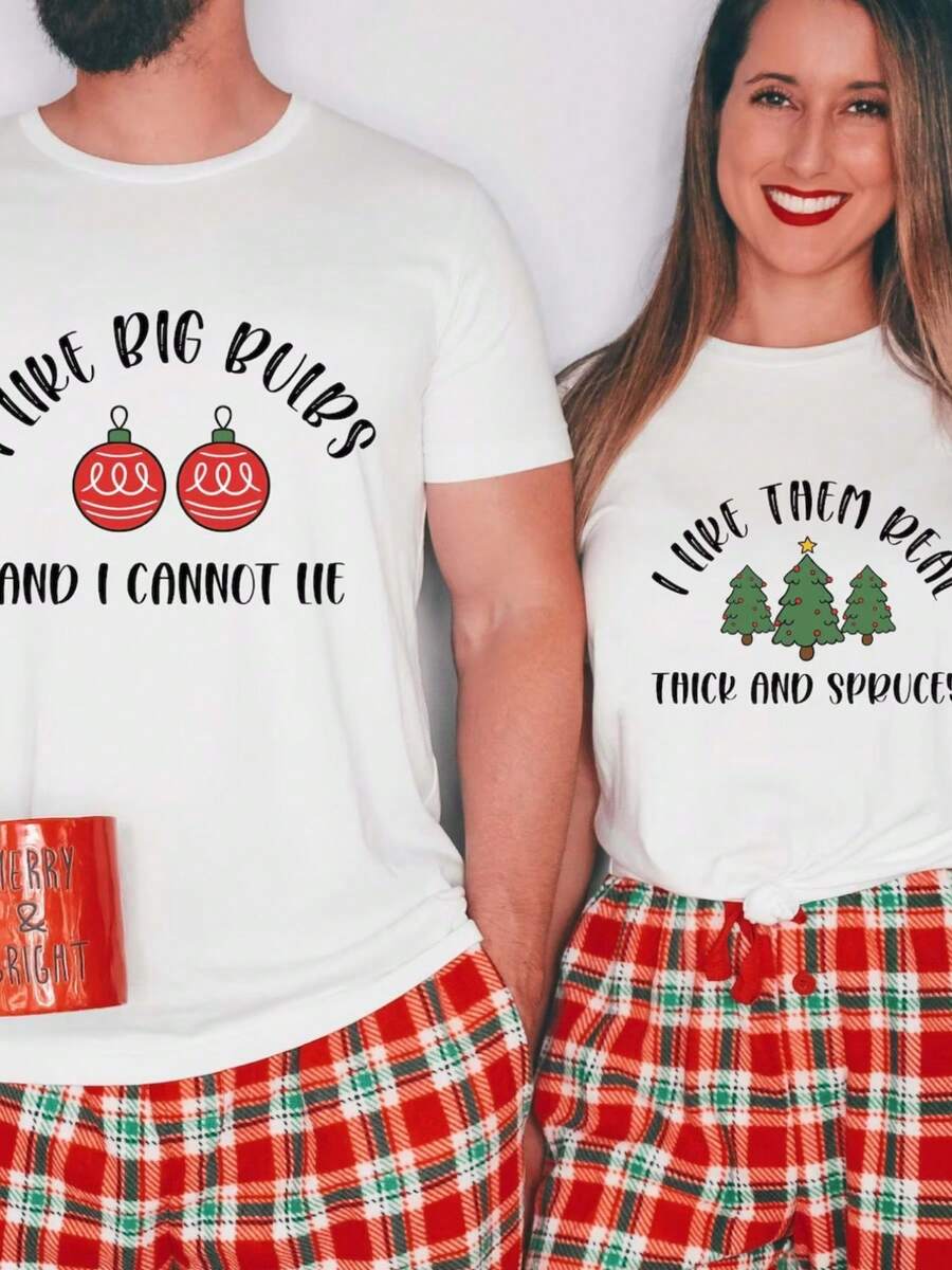 Funny Christmas Matching Couple'S T-Shirts - 220g Crew Neck Tees Him & Her, Casual Short Sleeve, Machine Washable, Perfect Xmas Gift Idea, Women'S T-Shirts, Short Sleeve T-Shirt, Crew Neck, Soft, Breathable, Regular - 女款-白色 - 查看 1