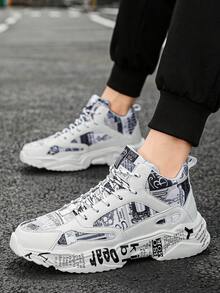 Men's Fashion Colorblock Random Graffiti Letter Patchwork Front Lace-Up High Top Sneakers, Comfortable Casual Outdoor Shoes For Hiphop Youths