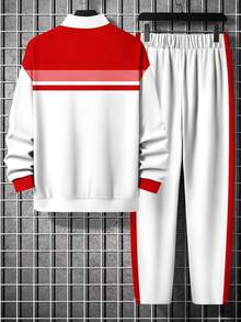 Men's Contrast Color Patchwork Deer Print Zip-Up Sweatshirt And Pants Set - Red - View 2