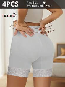 MEIYATING 4pcs Plus Size High Waist Shaping Briefs, Seamless Lace Trim Shorts, Anti-Chafing Safety Pants For Women